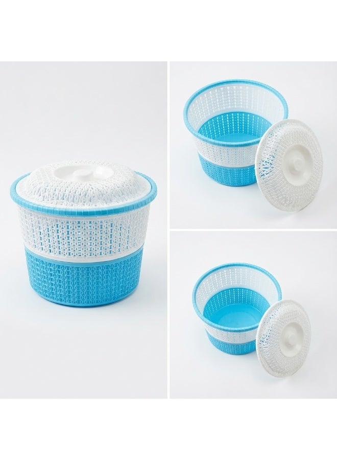 Round Plastic Clothespin & Storage Basket with Lid - Woven Design Multipurpose Organizer Bin for Laundry Accessories - Blue & White - Image 2